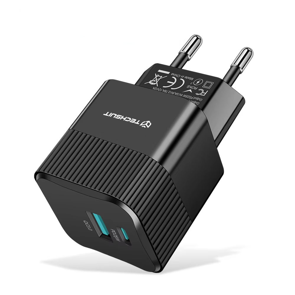 Зарядно устройство Priza GaN, USB, Type-C, 25W - Techsuit (CHPD216) - Черно