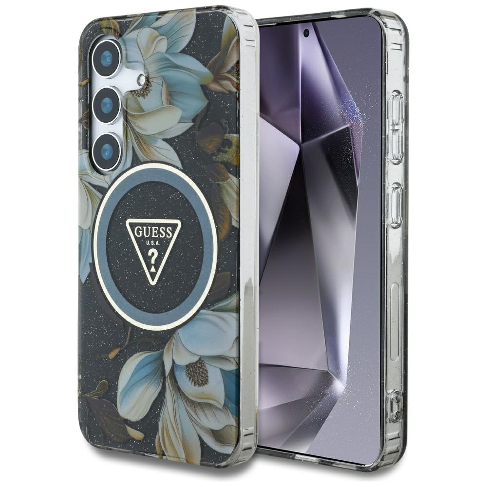Чантичка за Samsung Galaxy S25 - Guess IML Metal Glitter Flowers Triangle MagSafe (GUHMS25SHFLPEDK) - Черна