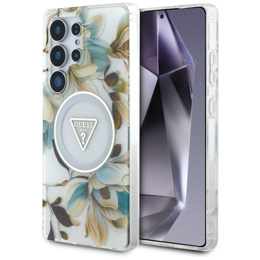 Чантичка за Samsung Galaxy S25 Ultra - Guess IML Metal Glitter Flowers Triangle MagSafe (GUHMS25LHFLPEDH) - Бяла