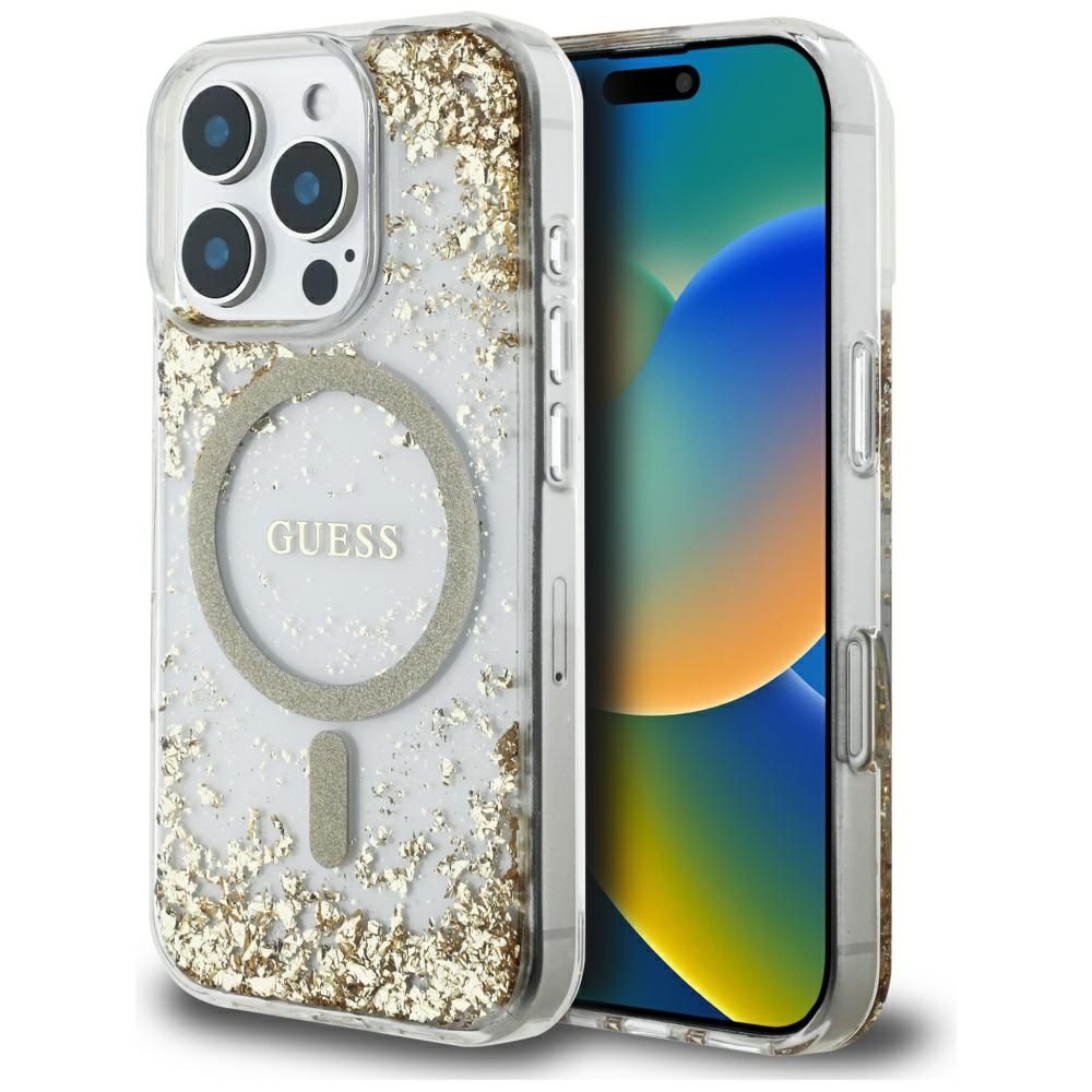 Калъф за iPhone 16 Pro - Guess Resin Bottom Glitter MagSafe (GUHMP16LRGRGRGED) - златен