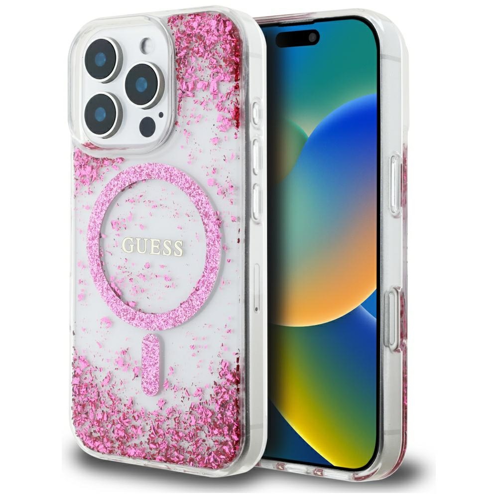 Калъф за iPhone 16 Pro Max - Guess Resin Bottom Glitter MagSafe (GUHMP16XRGRGEP) - Розов