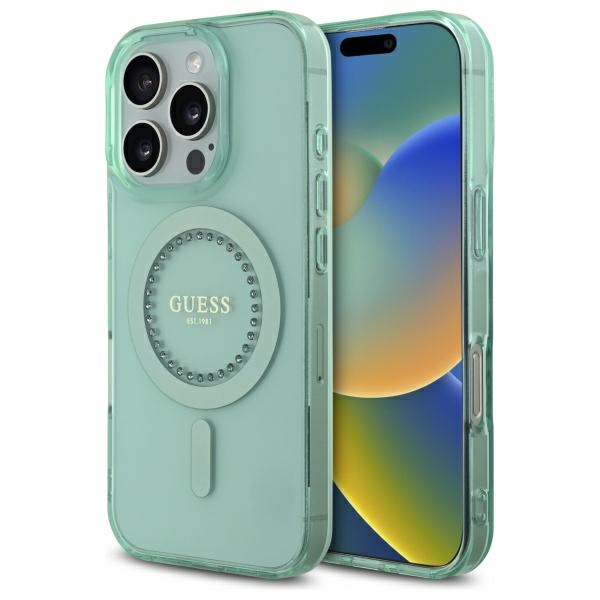 Калъф за iPhone 16 Pro Max - Guess IML Rhinestones MagSafe (GUHMP16XPFTDTEN) - Зелен