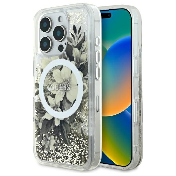 Калъф за iPhone 16 Pro - Guess Liquid Glitter Flower MagSafe (GUHMP16LLLLFMWWTE) - Бежов