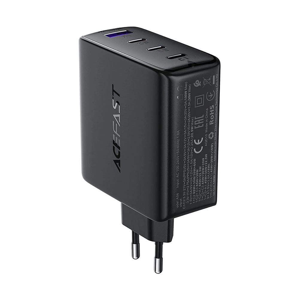 Батерия за EU Plug, 3x Type-C, USB-A, GaN2, PD100W, универсална - Acefast (A94) - черна
