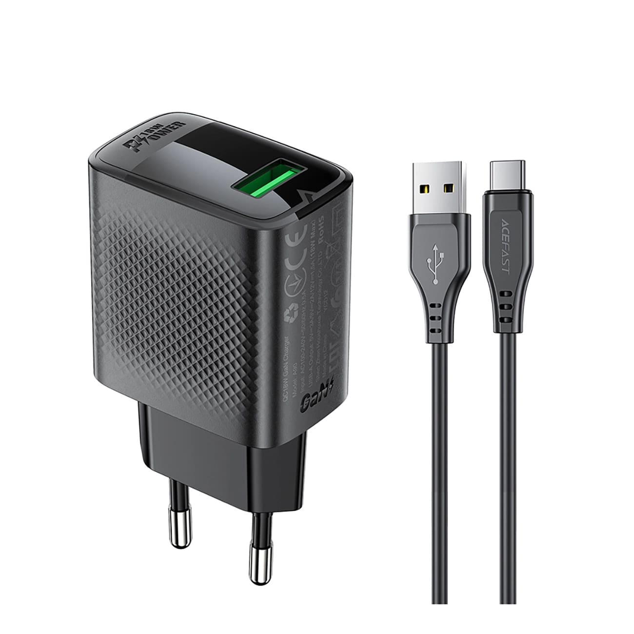 GaN батерия за гнездо, USB, GaN, QC18W с Type-C кабел - Acefast (A90) - Черен