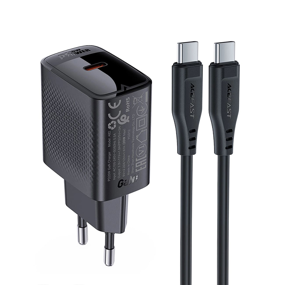 Зарядно устройство за Plug, Type-C, PD20W, GaN, бързо зареждане с USB-C кабел - Acefast (A82) - Черно