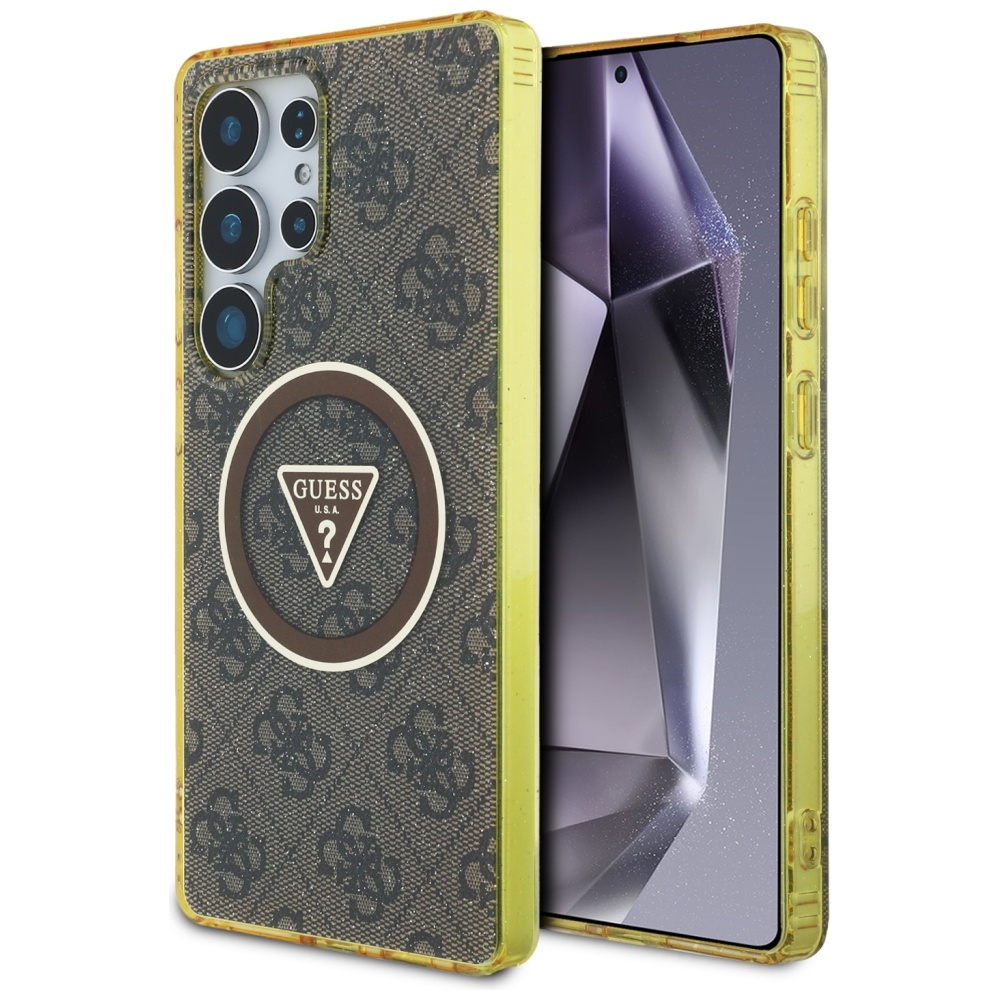 Калъф за Samsung Galaxy S25 Ultra - Guess IML Metal Glitter 4G Circle Triangle MagSafe (GUHMS25LHGG4PRTGGW) - Кафяв