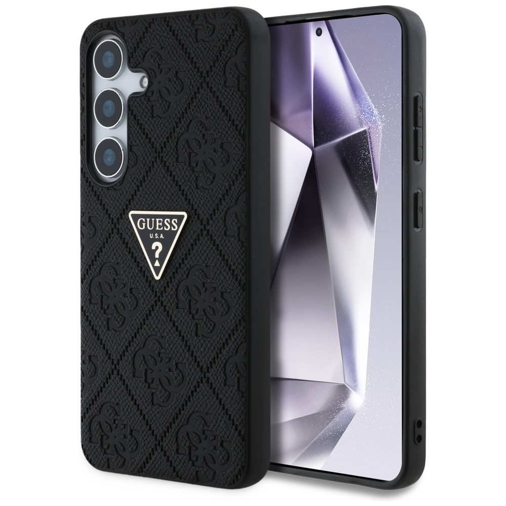 Чантичка за Samsung Galaxy S25 - Guess Leather Grained Hot Stamp 4G Triangle Metal (GUHCS25SPGP4STRK) - Черна