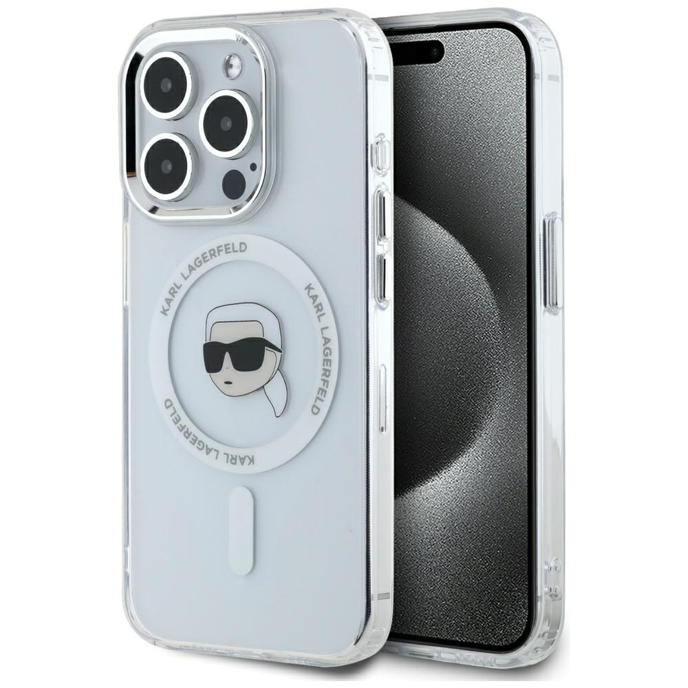 Калъф за iPhone 15 Pro - Karl Lagerfeld IML MagSafe (KLHMP15LHLHLSKIH) - Бял Metal Karl`s Head