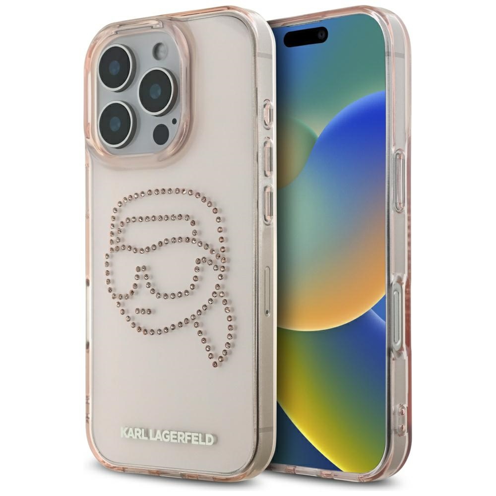Калъф за iPhone 16 Pro - Karl Lagerfeld IML Rhinestones (KLHCP16LHKHDCELP) - Розов Karl Head