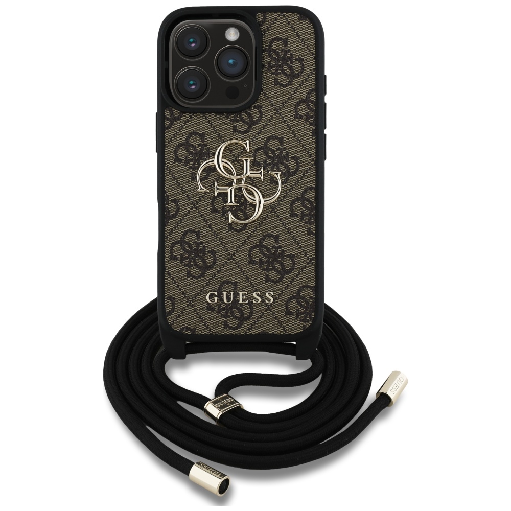 Калъф за iPhone 16 Pro - Guess Hardcase 4G Big Logo with Cord Strap (GUHCP16LP4GMGCRW) - Кафяв