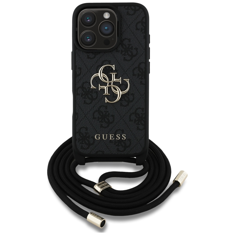 Калъф за iPhone 16 Pro Max - Guess Hardcase 4G Big Logo with Cord Strap (GUHCP16XP4GMGCRK) - Черен