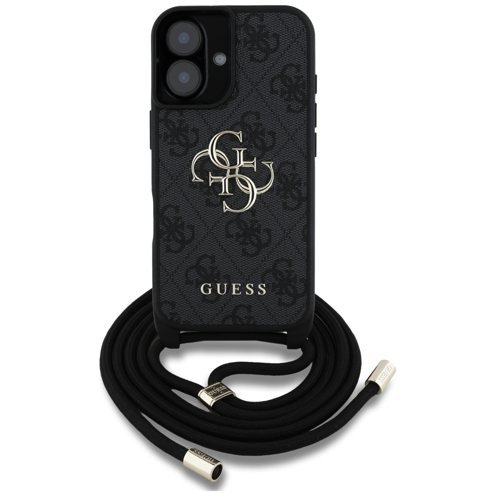 Калъф за iPhone 16 Plus - Guess Hardcase 4G Big Logo with Cord Strap (GUHCP16MP4GMGCRK) - Черен