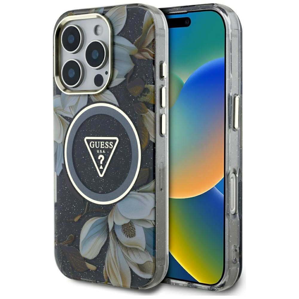 Калъф за iPhone 16 Pro - Guess IML Metal Glitter Flowers Triangle MagSafe (GUHMP16LHFLFLPEDK) - Черен