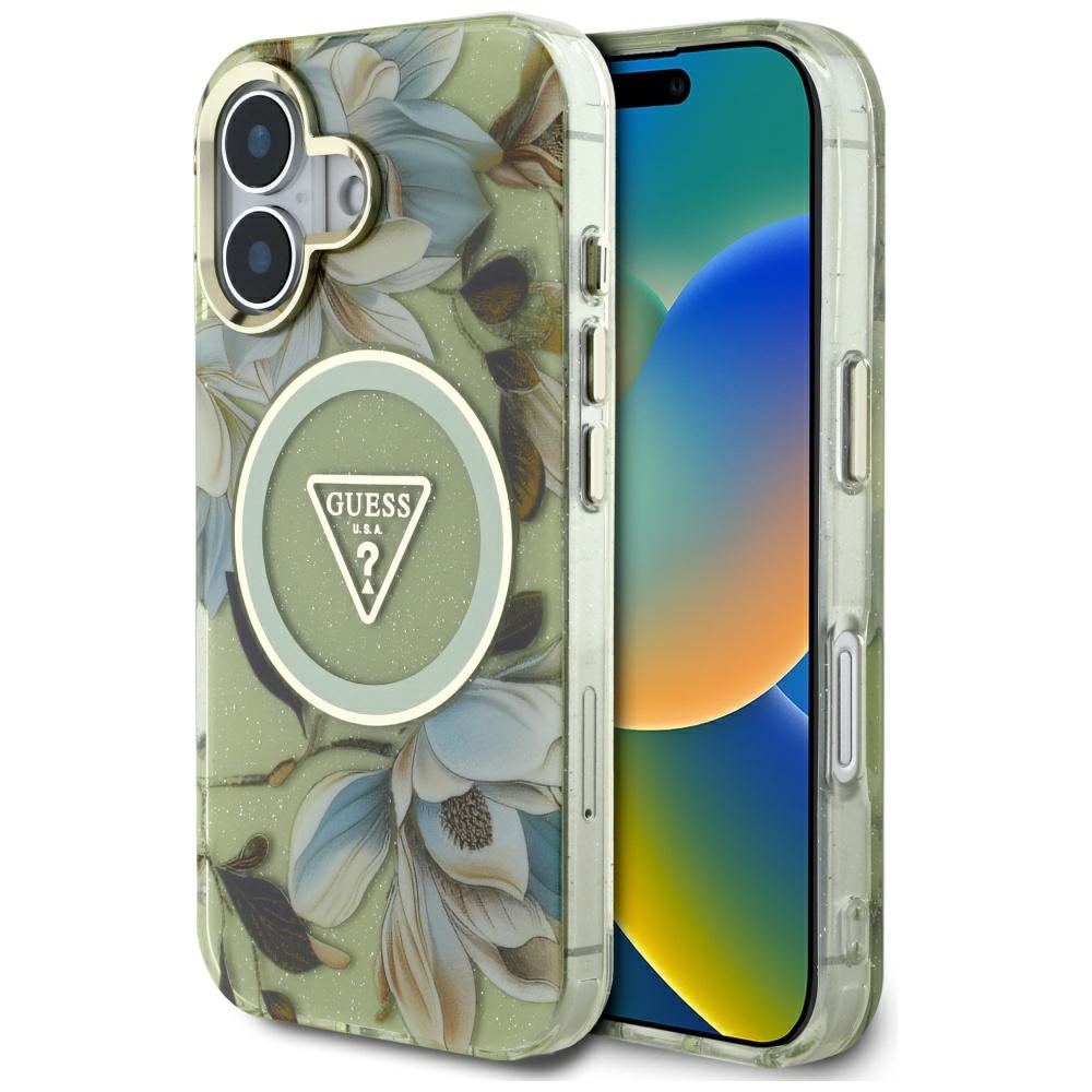 Калъф за iPhone 16 - Guess IML IML Metal Glitter Flowers Triangle MagSafe (GUHMP16SHFLPEDN) - Зелен