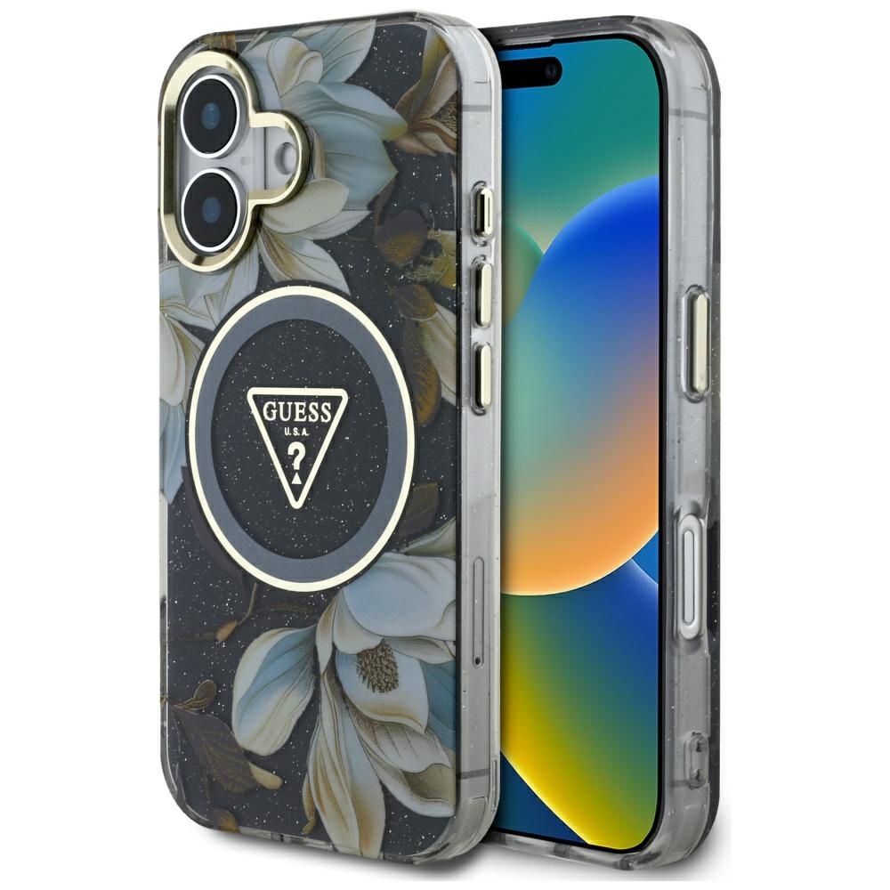 Калъф за iPhone 16 - Guess IML IML Metal Glitter Flowers Triangle MagSafe (GUHMP16SHFLPEDK) - Черен