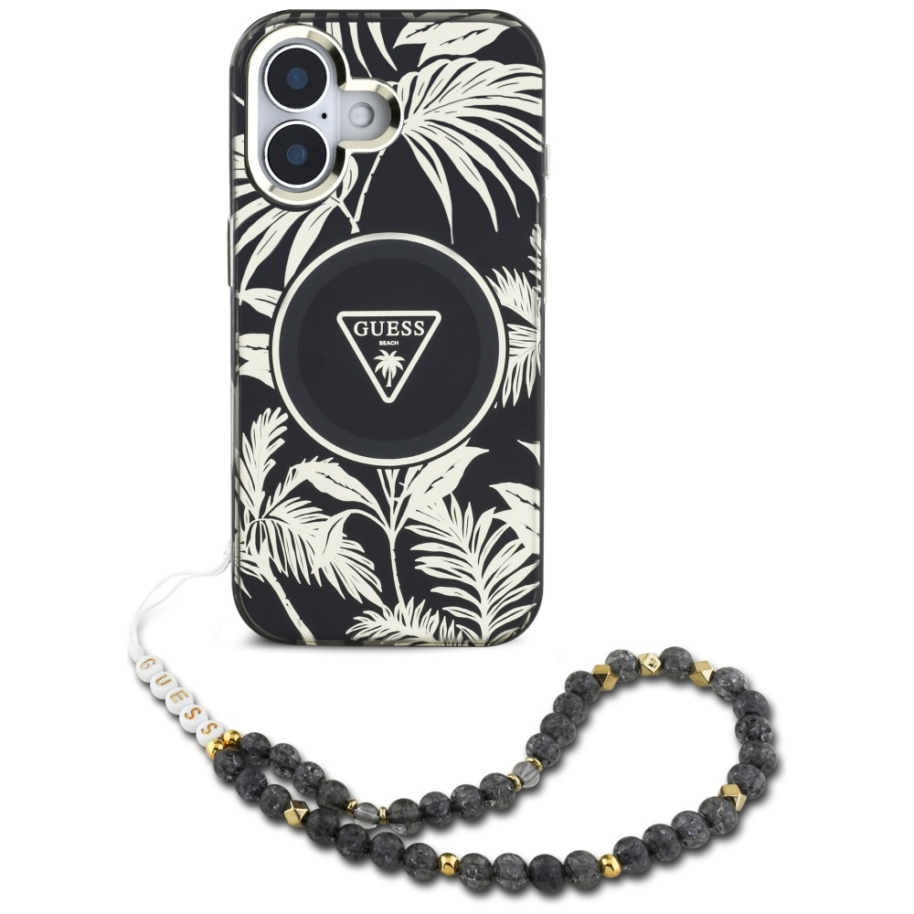 Калъф за iPhone 16 - Guess IML Palm Trees Triangle with Pearl Strap MagSafe (GUHMP16SHPCTPLPLSK) - Черен