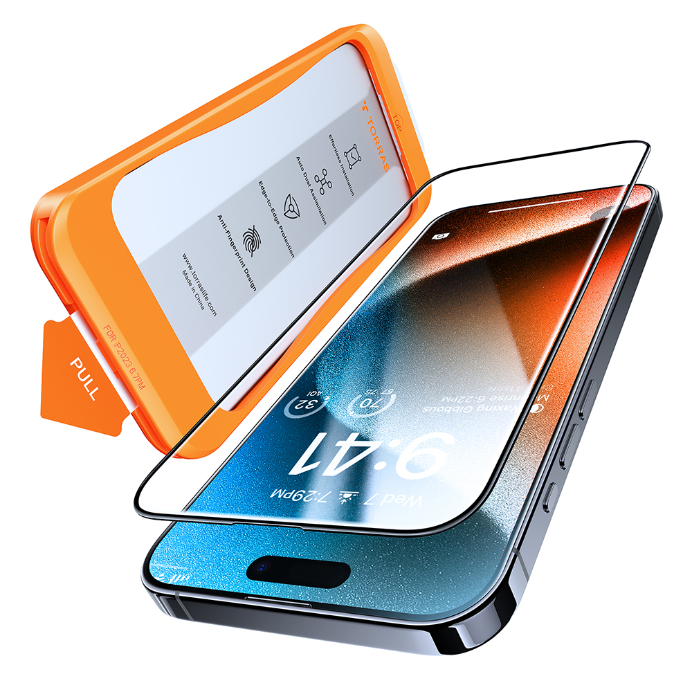 Калъф за iPhone 15 Pro Max - Torras GlassGo Tempered Screen Protector - Черен