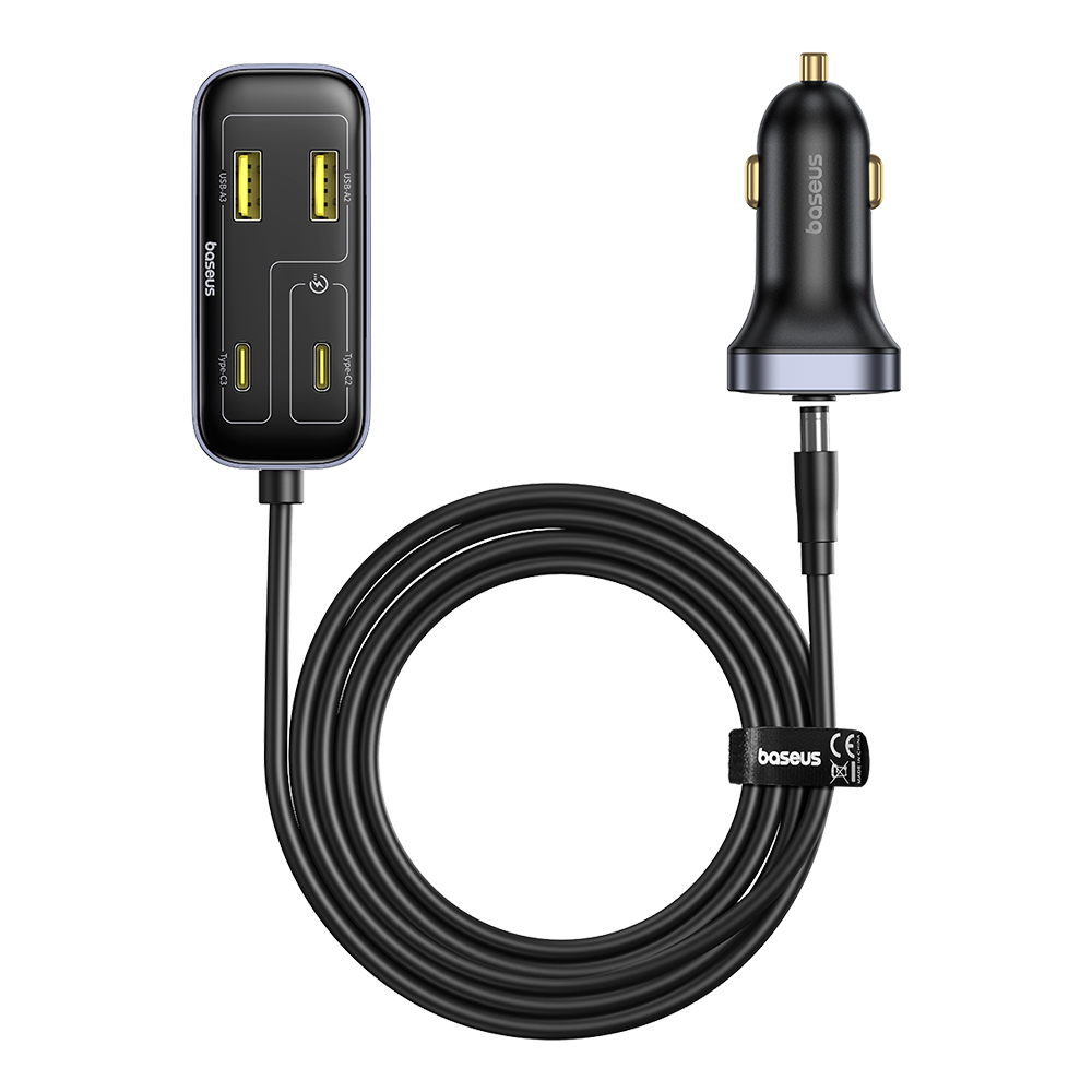 Зарядно за кола, Type-C, USB, 110 W + удължителен кабел 1,5 м - Baseus BackseatPal L1 (C000811001100121-00) - Черен