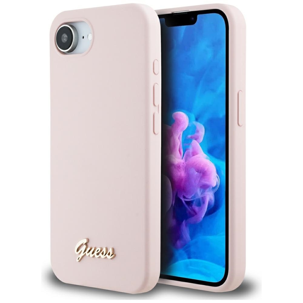 Калъф за iPhone 16e / iPhone 17e - Guess Silicone Script Metal Logo (GUHMPSE4SMSMBSLP) - Розов