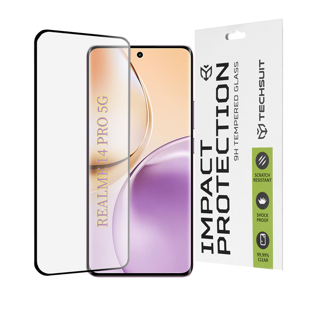 Калъф за Realme 14 Pro - Techsuit 111D Full Cover / Full Glue Glass / 3D Curved Screen - Черен
