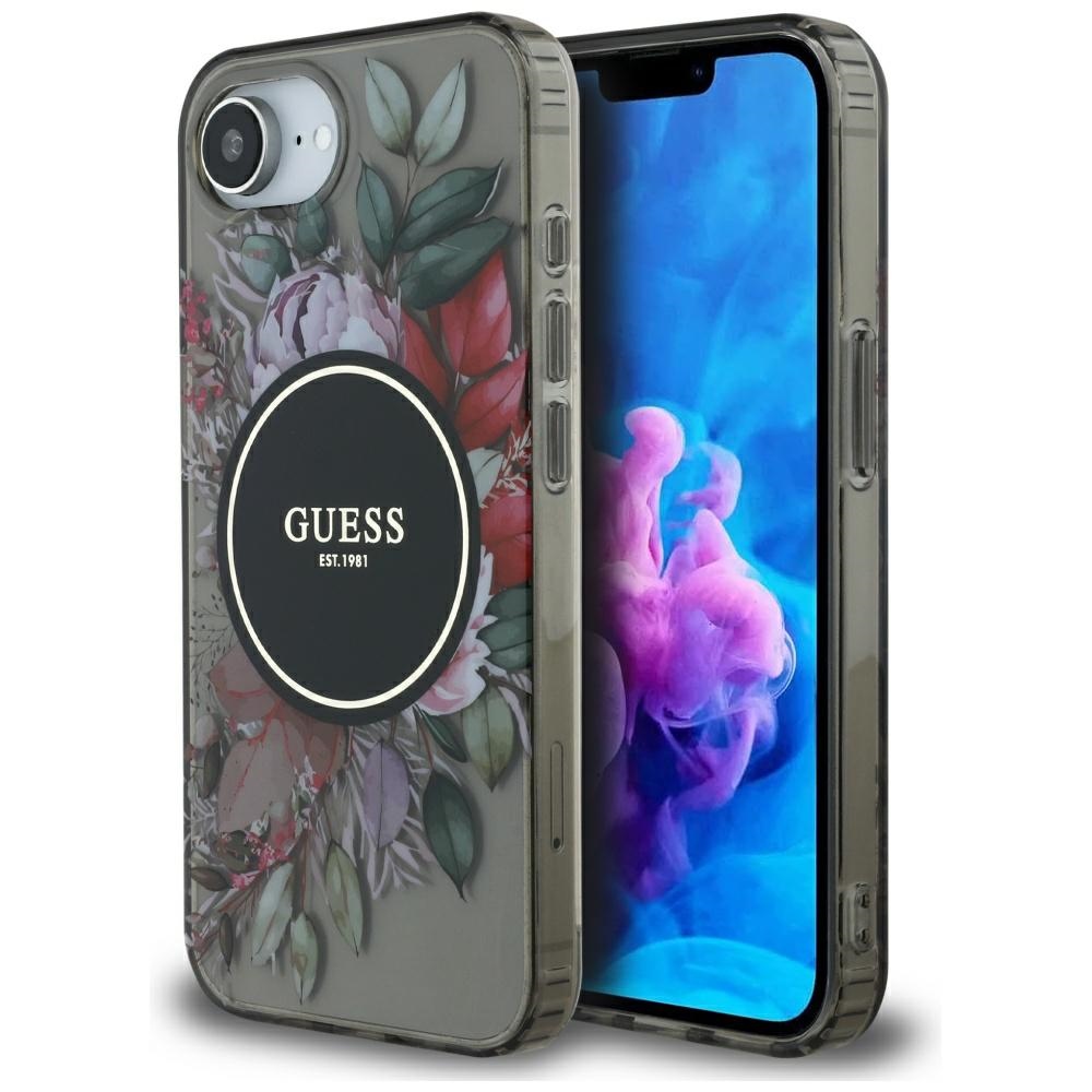 Калъф за iPhone 16e / iPhone 17e - Guess IML Flowers MagSafe (GUHMPSE4HFHFWWBRCEK) - Черен