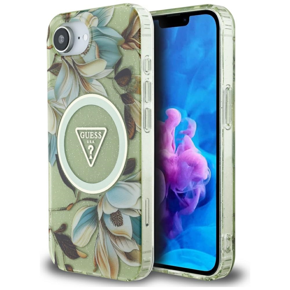 Калъф за iPhone 16e / iPhone 17e - Guess IML Metal Glitter Flowers Triangle MagSafe (GUHMPSE4HFLPEDN) - Зелен
