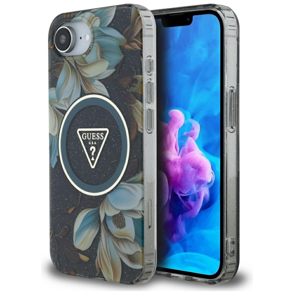 Калъф за iPhone 16e / iPhone 17e - Guess IML Metal Glitter Flowers Triangle MagSafe (GUHMPSE4HFLPEDK) - Черен