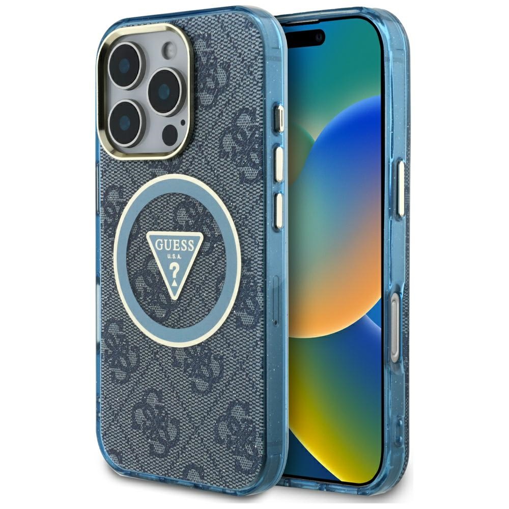 Калъф за iPhone 16 Pro Max - Guess IML Metal Glitter 4G Circle Triangle MagSafe (GUHMP16XHG4PRTGB) - Син