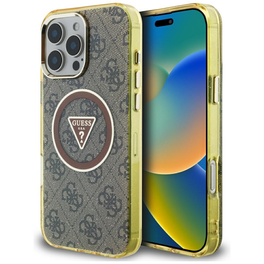 Калъф за iPhone 16 Pro Max - Guess IML Metal Glitter 4G Circle Triangle MagSafe (GUHMP16XHG4PRTGGW) - Кафяв
