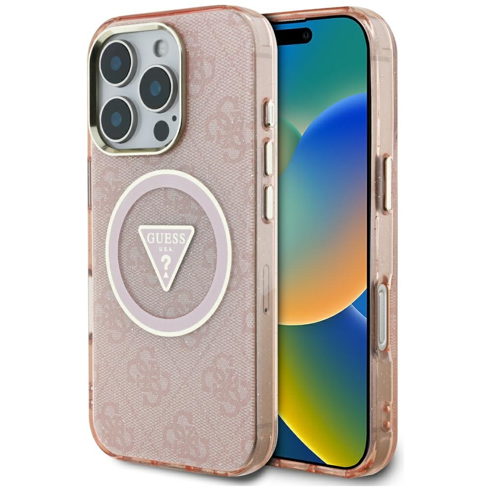 Калъф за iPhone 16 Pro - Guess IML Metal Glitter 4G Circle Triangle MagSafe (GUHMP16LHG4PRTGP) - Розов