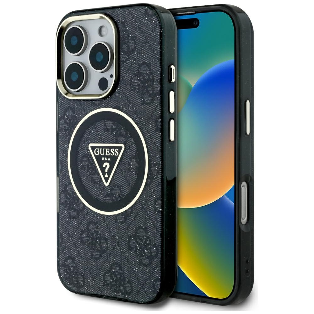 Калъф за iPhone 16 Pro - Guess IML Metal Glitter 4G Circle Triangle MagSafe (GUHMP16LHG4PRTGK) - Черен