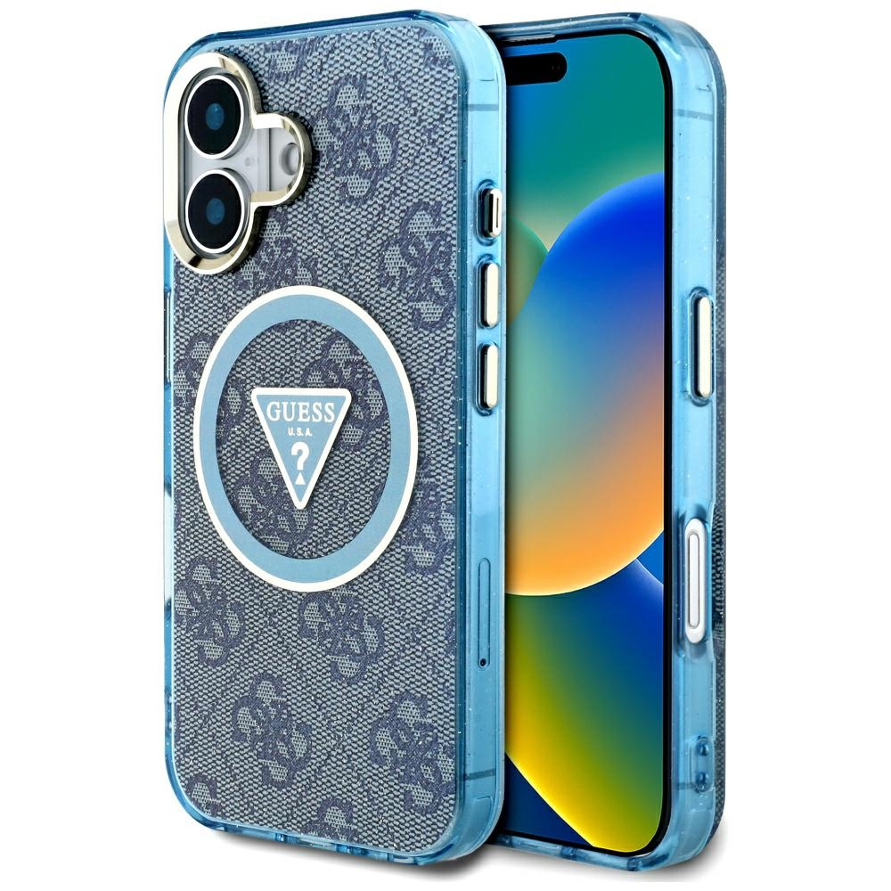Калъф за iPhone 16 - Guess IML IML Metal Glitter 4G Circle Triangle MagSafe (GUHMP16SHG4PRTGB) - Син