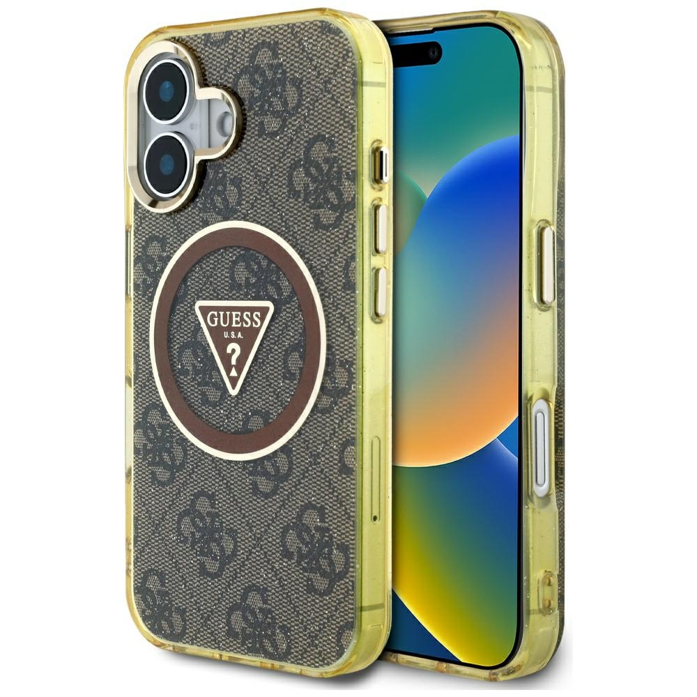 Калъф за iPhone 16 - Guess IML IML Metal Glitter 4G Circle Triangle MagSafe (GUHMP16SHG4PRTGGW) - Кафяв