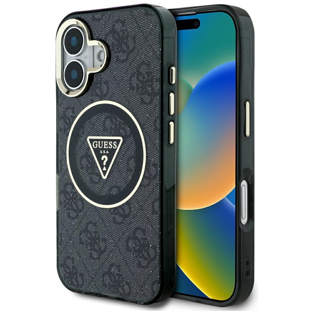 Калъф за iPhone 16 - Guess IML IML Metal Glitter 4G Circle Triangle MagSafe (GUHMP16SHG4PRTGK) - Черен