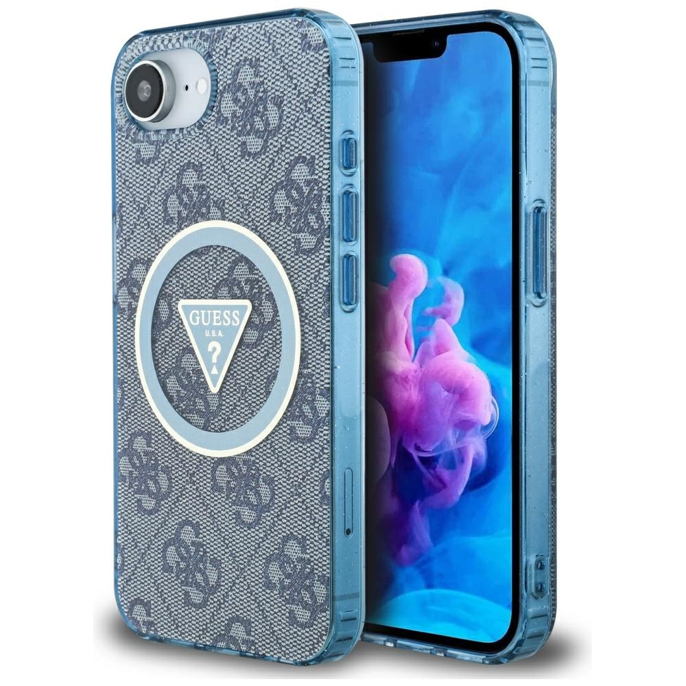 Калъф за iPhone 16e / iPhone 17e - Guess IML Metal Glitter 4G Circle Triangle MagSafe (GUHMPSE4HG4PRTGB) - Син
