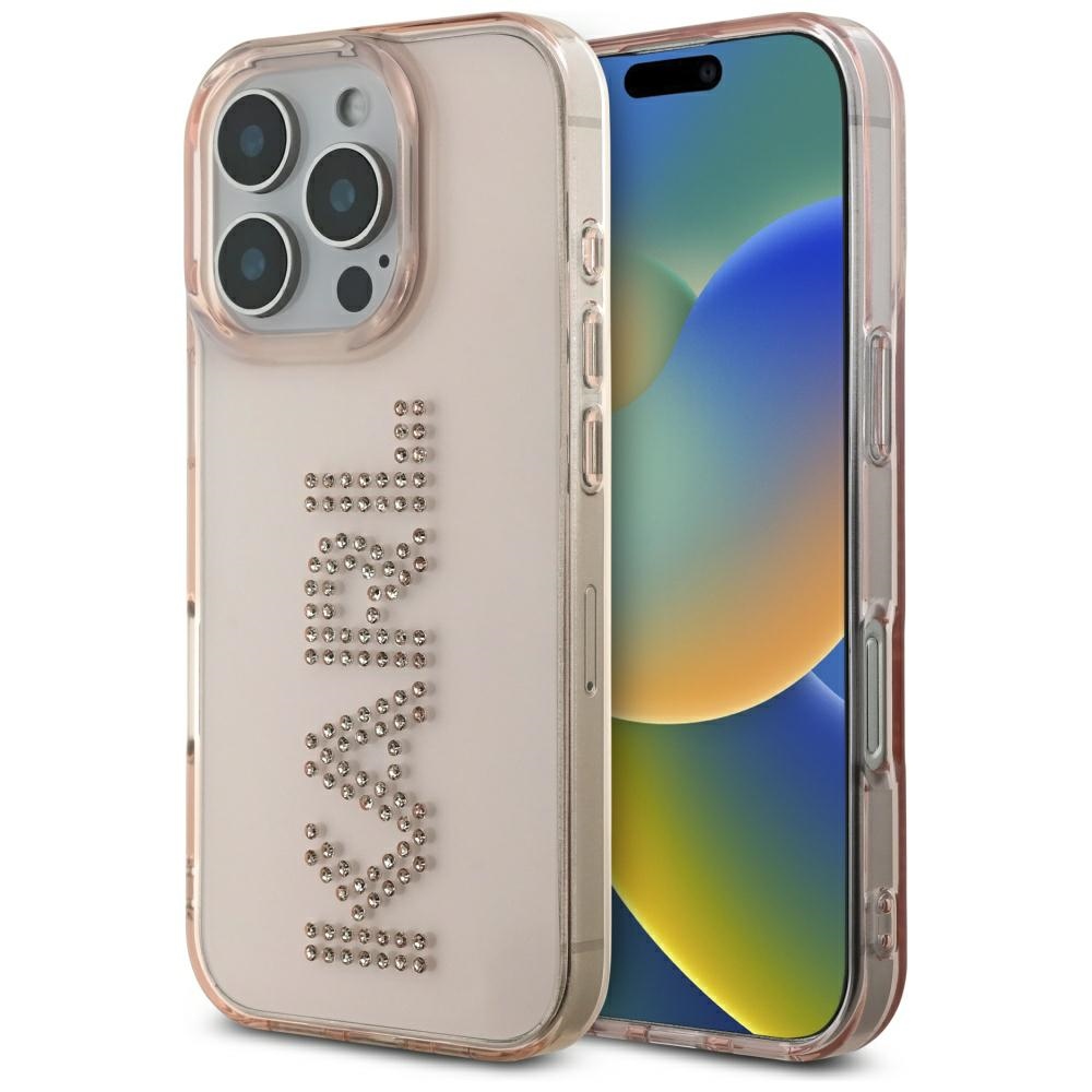 Калъф за iPhone 16 Pro Max - Karl Lagerfeld IML Rhinestones (KLHCP16XHKLKLSTDCP) - розово лого