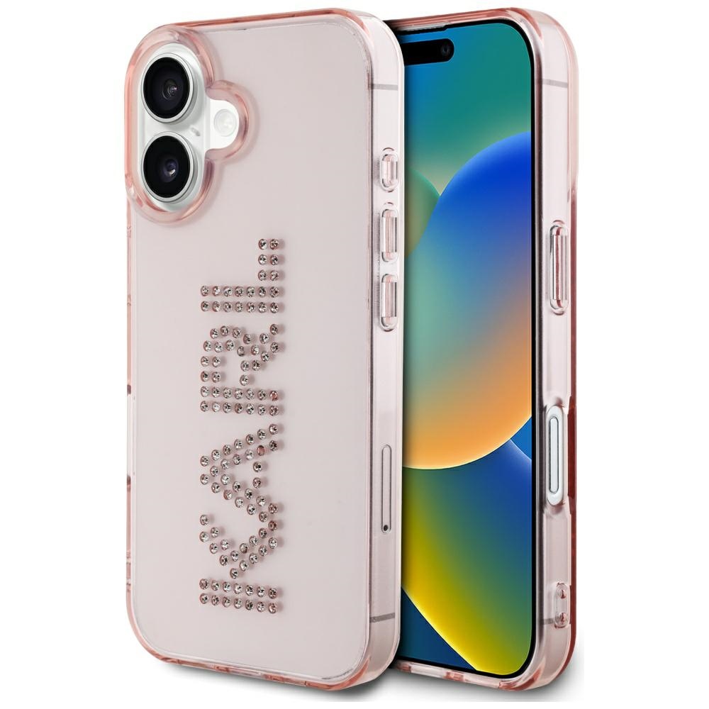 Калъф за iPhone 16 - Karl Lagerfeld IML Rhinestones (KLHCP16SHKLLSTDCP) - розово лого