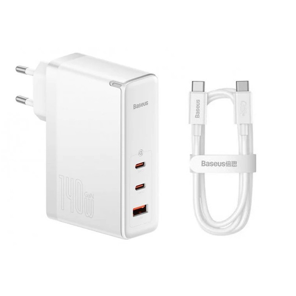 3в1 EU зарядно устройство, 140 W, кабел Type-C, 1 m - Baseus GaN5 Pro (CCGP100202) - Бял