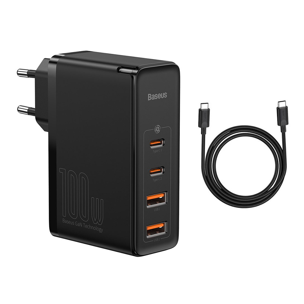 Зарядно устройство 2x USB-C PD 100W, 2x USB-A QC3.0 с кабел Type-C към Type-C - Baseus (CCGAN2P-L01) - Черен