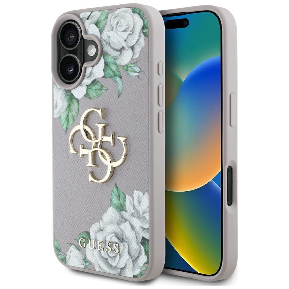 Калъф за iPhone 16 - Guess Hardcase 4G Grained Roses Big Logo (GUHCP16SPGROP4MU) - Лилав