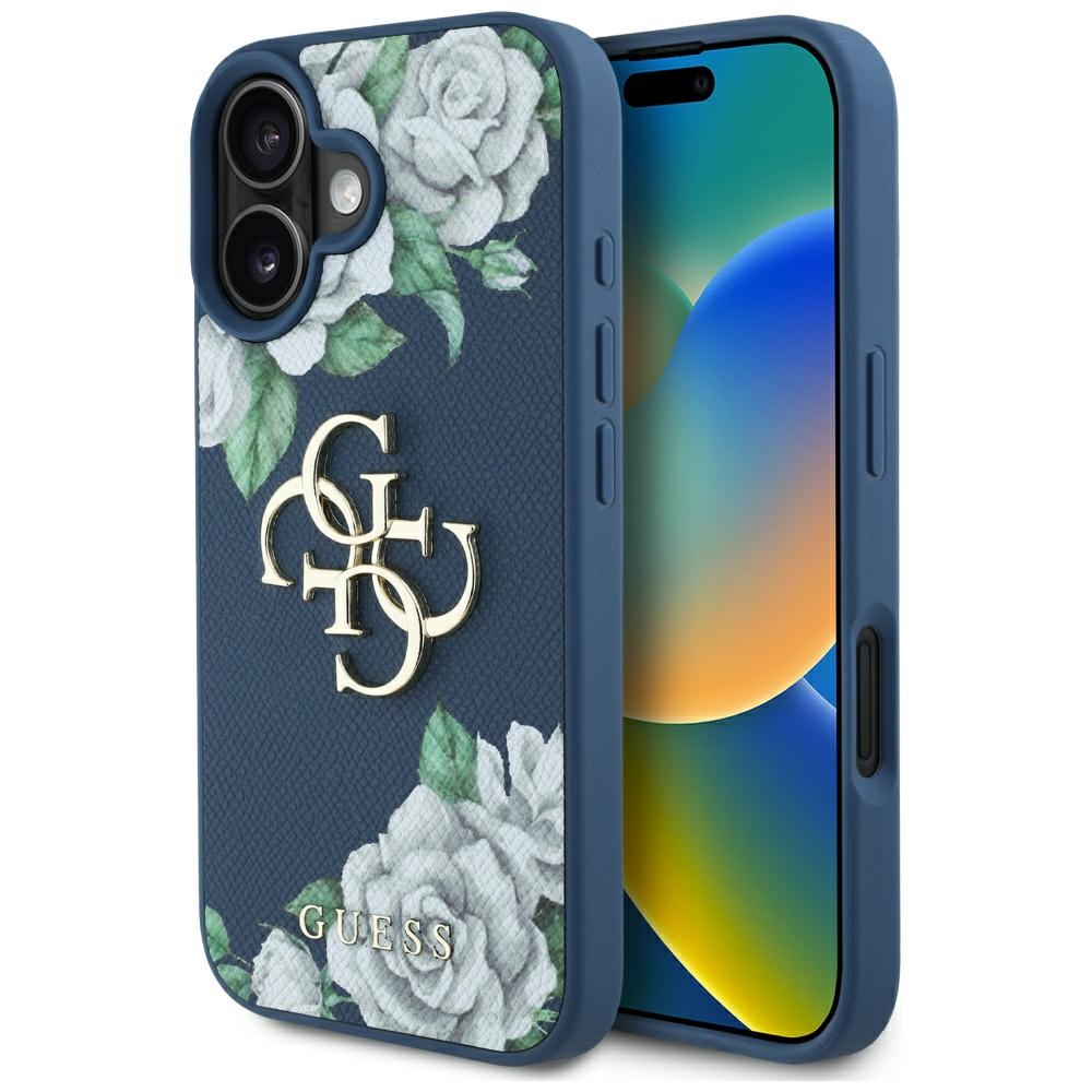 Калъф за iPhone 16 - Guess Hardcase 4G Grained Roses Big Logo (GUHCP16SPGROP4MB) - Син