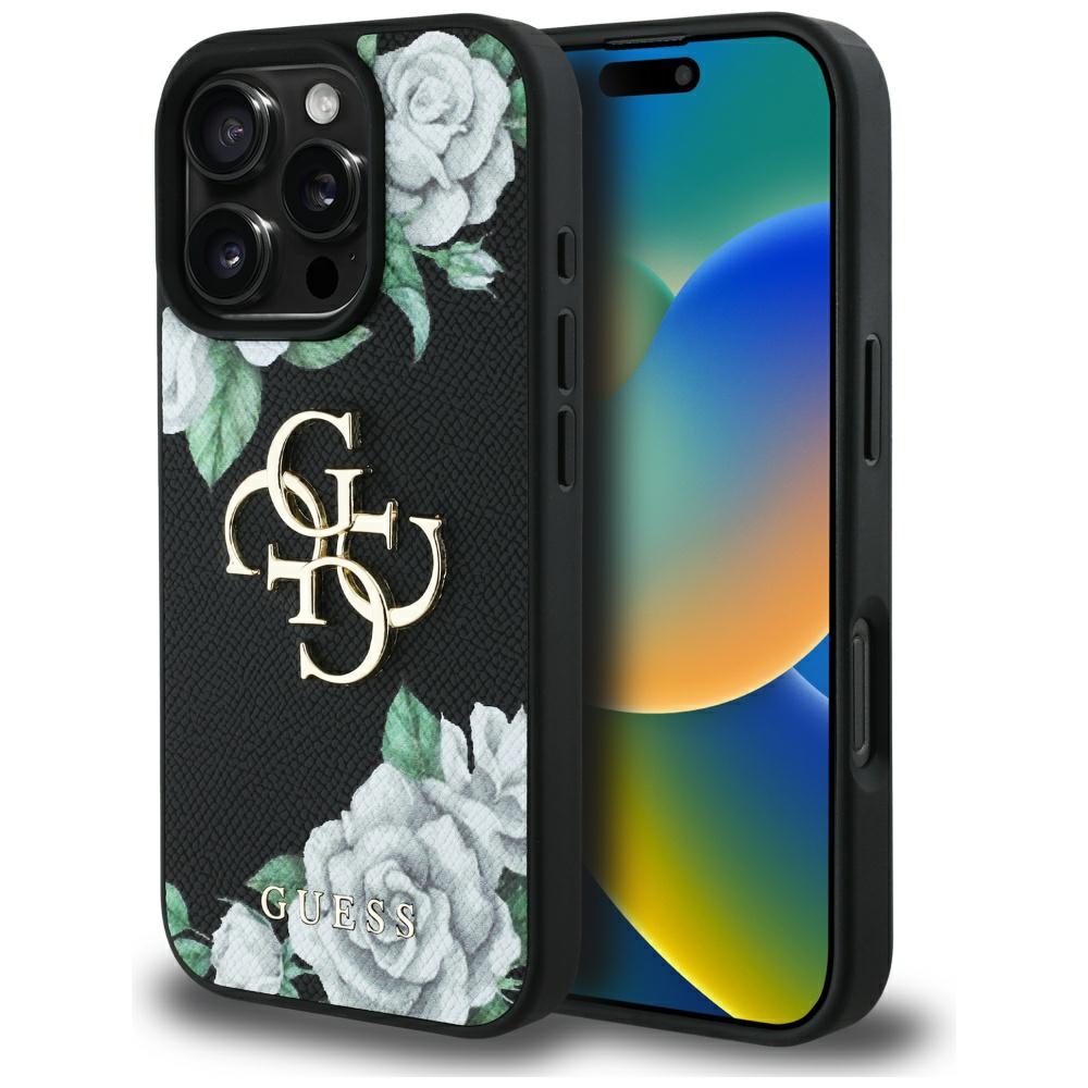 Калъф за iPhone 16 Pro - Guess Hardcase 4G Grained Roses Big Logo (GUHCP16LPGPGROP4MK) - Черен