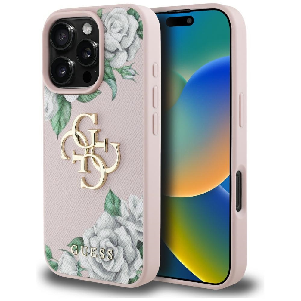 Калъф за iPhone 16 Pro - Guess Hardcase 4G Grained Roses Big Logo (GUHCP16LPGPGROP4MP) - Розов