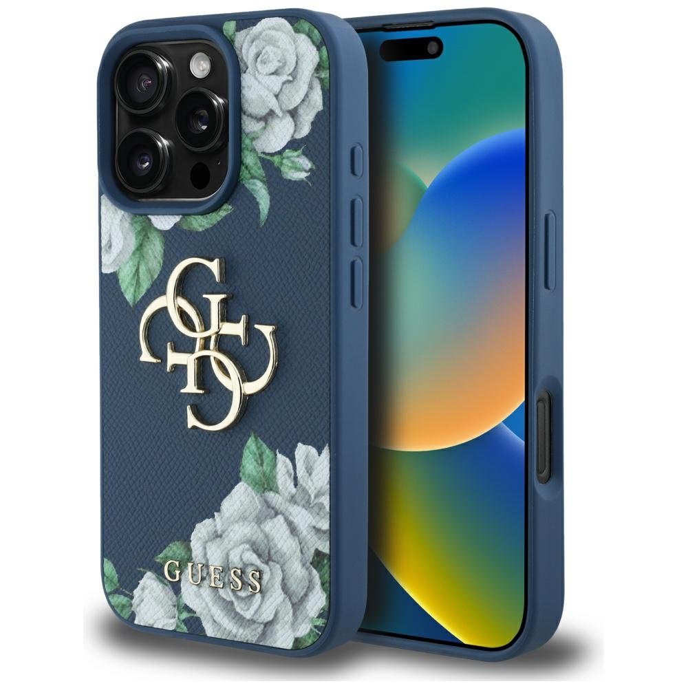 Калъф за iPhone 16 Pro Max - Guess Hardcase 4G Grained Roses Big Logo (GUHCP16XPGPGROP4MB) - Син