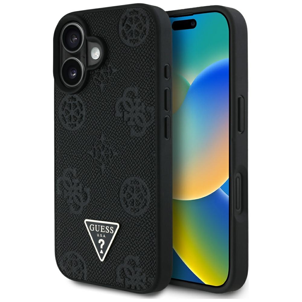 Калъф за iPhone 16 - Guess Peony Grained Hot Stamp Hot Stamp Triangle MagSafe (GUHMP16SPGBTMK) - Черен