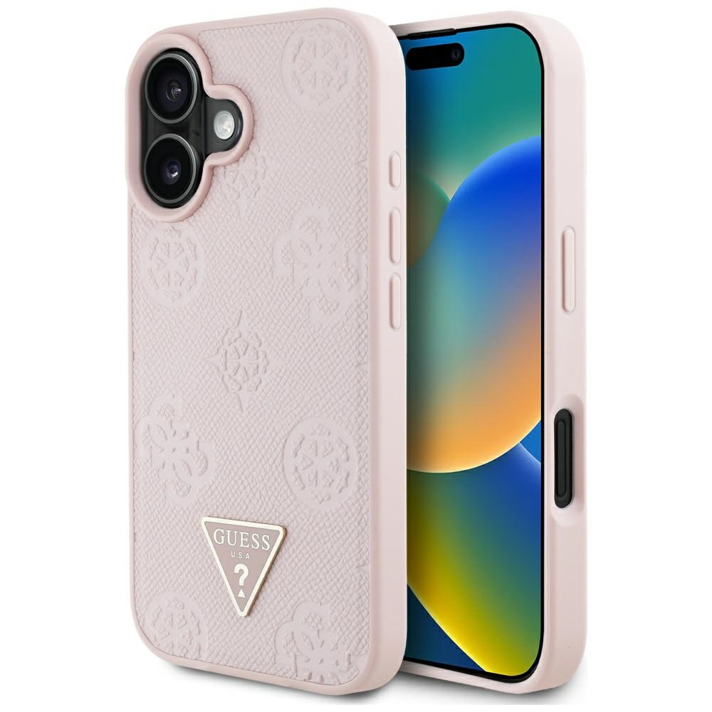 Калъф за iPhone 16 - Guess Peony Grained Hot Stamp Hot Stamp Triangle MagSafe (GUHMP16SPGBTMP) - Розов