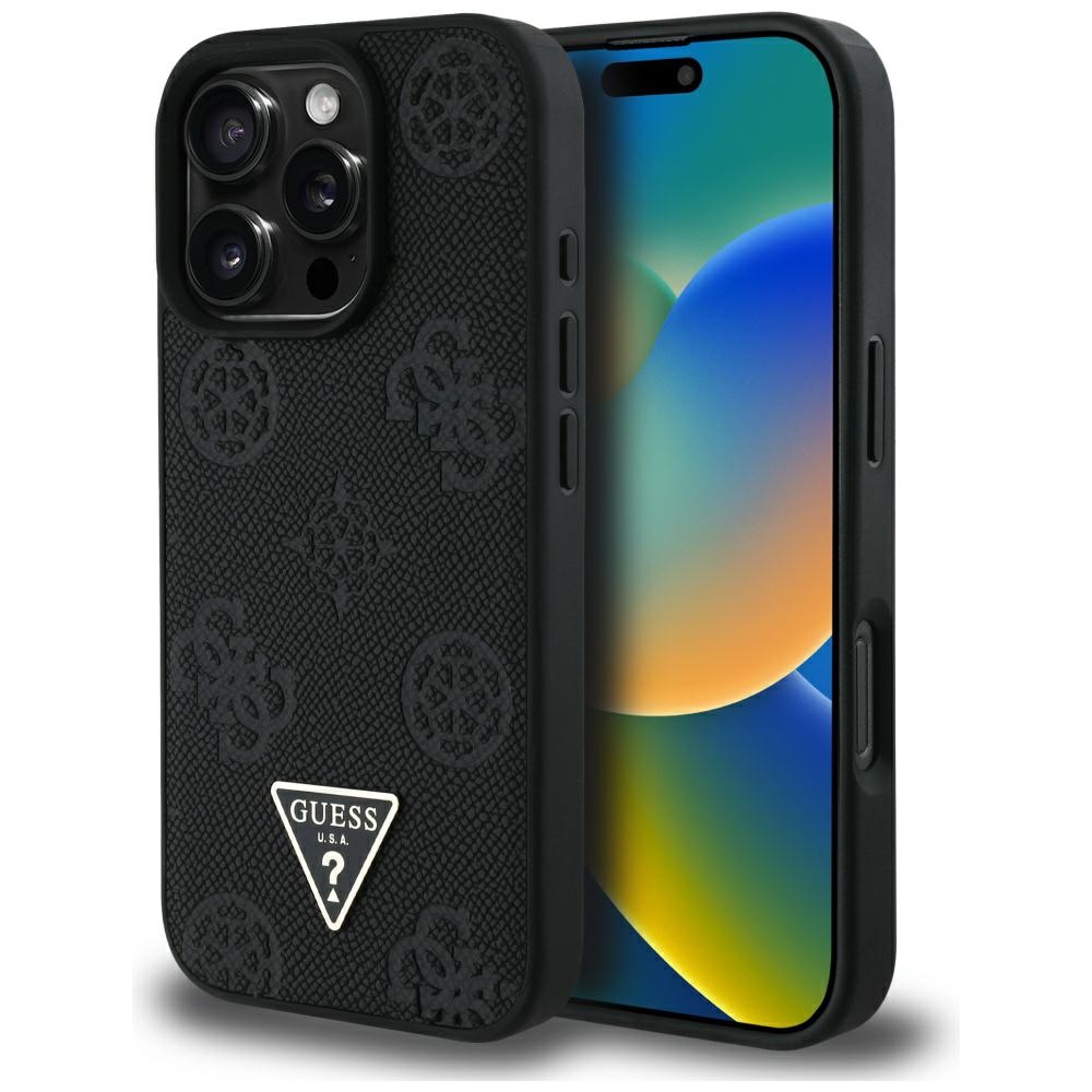 Калъф за iPhone 16 Pro Max - Guess Peony Grained Hot Stamp Hot Stamp Triangle MagSafe (GUHMP16XPGBTMK) - Черен