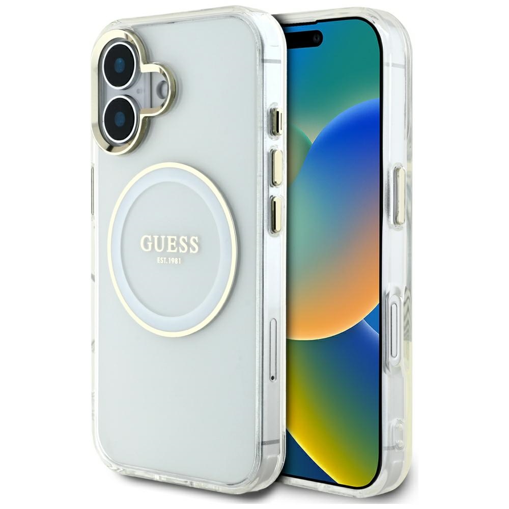 Калъф за iPhone 16 - Guess IML IML Metal Colored Circle MagSafe (GUHMP16SHTDRCEDH) - Бял