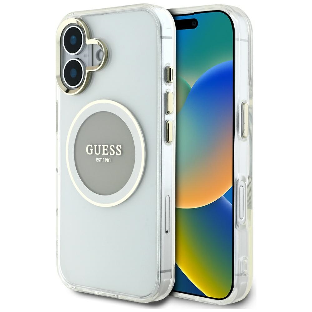 Калъф за iPhone 16 - Guess IML IML Metal Colored Circle MagSafe (GUHMP16SHTDRCEDG) - Сив